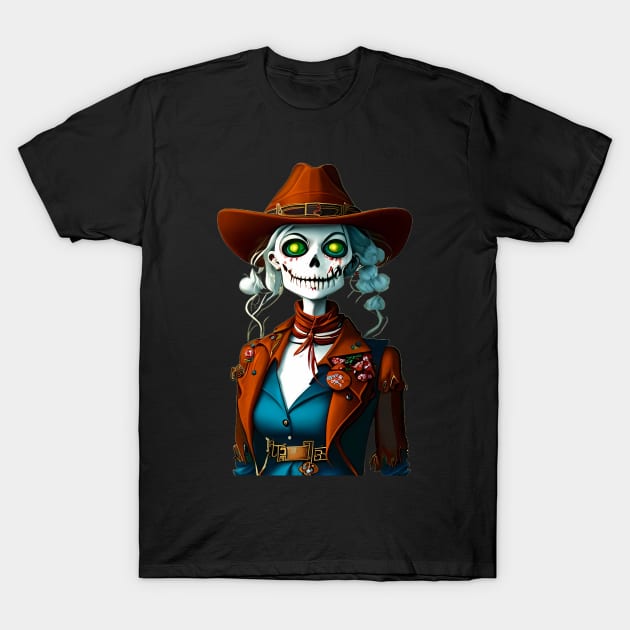 cowgirl, skeleton, western, cowboy, skull, halloween, vintage, country, country music, rodeo, yeehaw, howdy, bull skull, funny, texas, cowboy hat, retro, cowboy boots, cute, skull art T-Shirt by FrogAndToadsWorkshop